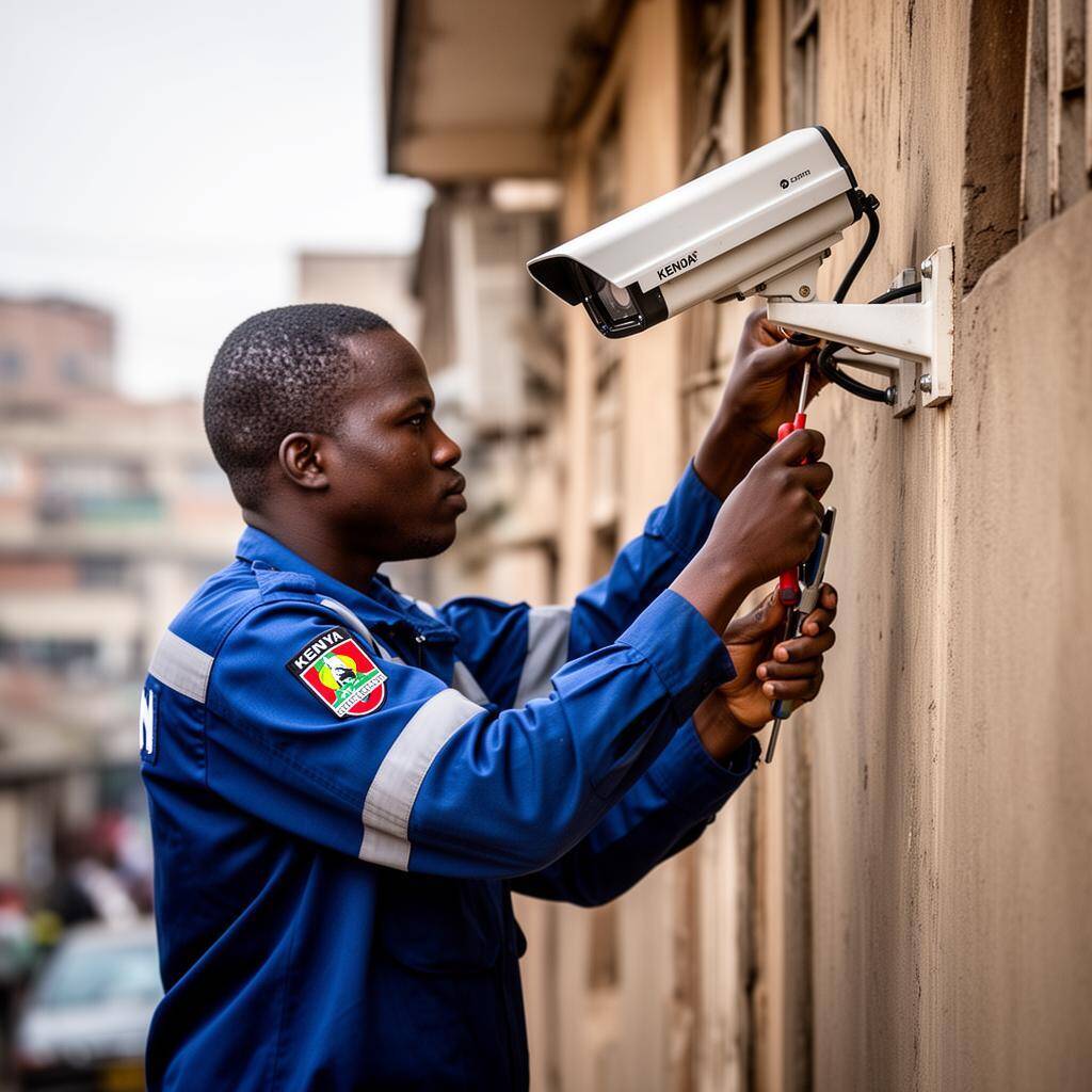 African technician installing CCTV camera